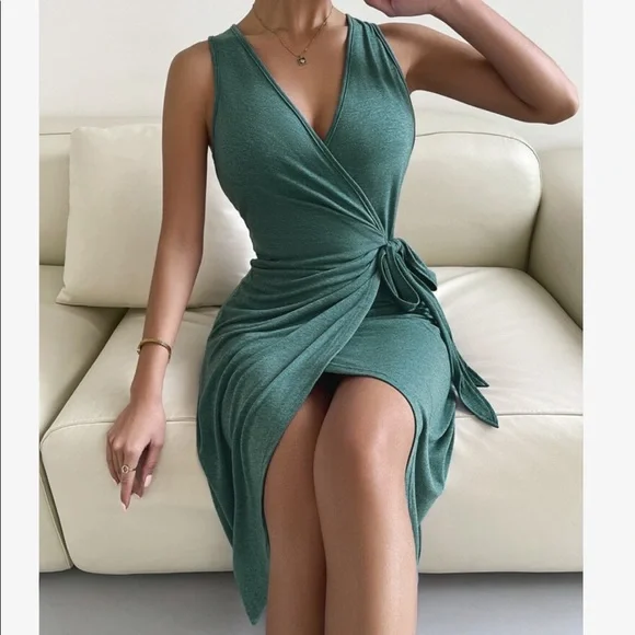 Comfy Solid Casual Wrap Tank Midi Dress - Picture 3 of 7